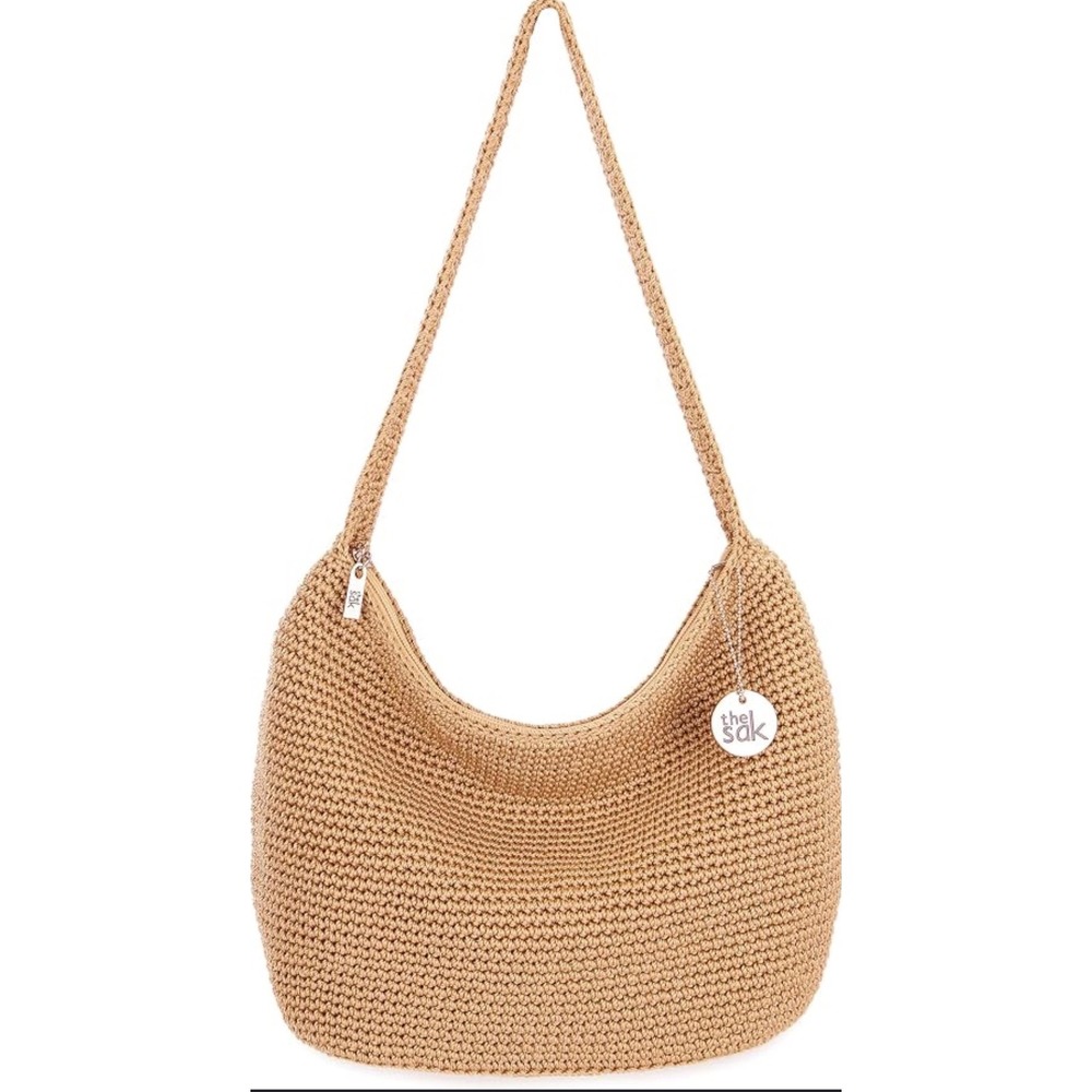 The Sak Crochet Tan Zip Hobo Shoulder Bag Purse Boho Beachy Relaxed Natural